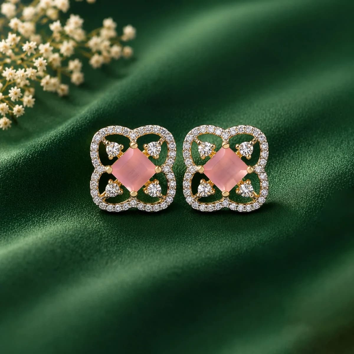Voylla Gold Elegance Elowen Green CZ Floral Stud Earrings