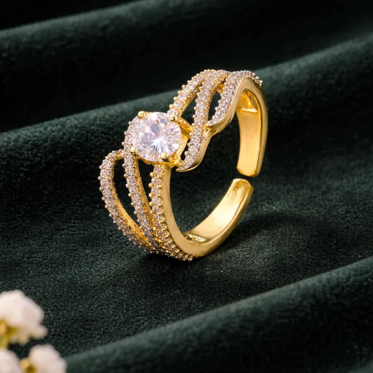 Voylla Gold Elegance Elara CZ Statement Ring - Adjustable