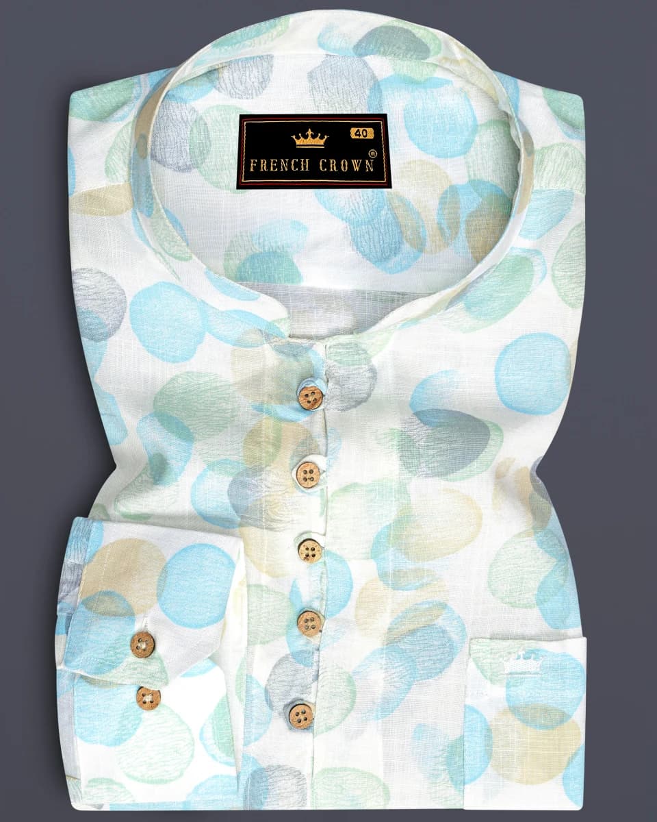 French Crown Aqua Island Blue and Surf Crest Green Polka Dots Premium Tencel Kurta Shirt - 39 / S / Half / Short Sleeves / White
