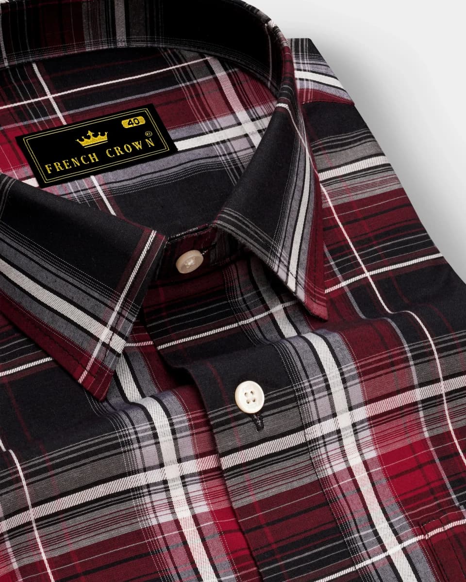 French Crown Jade Black and Fire Brick Red Plaid Dobby Textured Premium Giza Cotton Shirt - 39 / S / Half / Short Sleeves