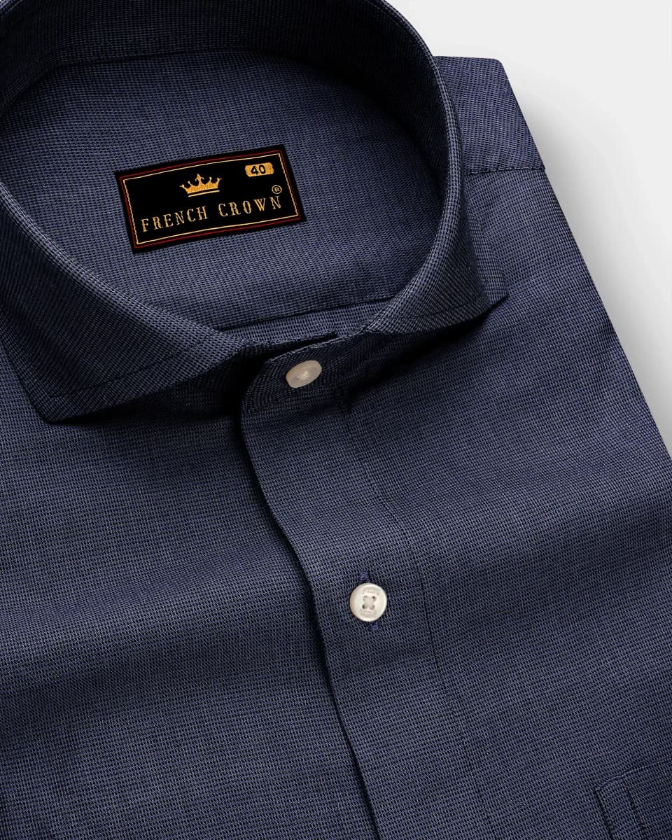 French Crown Cadet Blue Micro Houndstooth Textured Premium Giza Cotton Shirt - 38 / XS / Full Sleeves