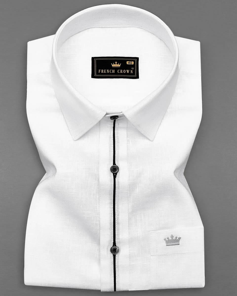 French Crown Bright White with Black Centre Piping Luxurious Linen Shirt - 42 / L / Half / Short Sleeves