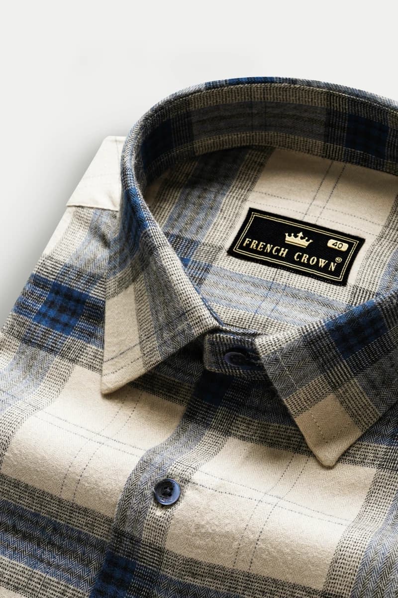 French Crown Sisal Cream And Astronaut Blue Plaid Herringbone Pattern Premium Cotton Shirt - 38 / XS / Full Sleeves